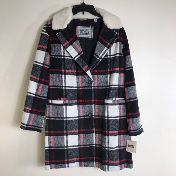 levi's women's wool plaid sherpa collar top coat
